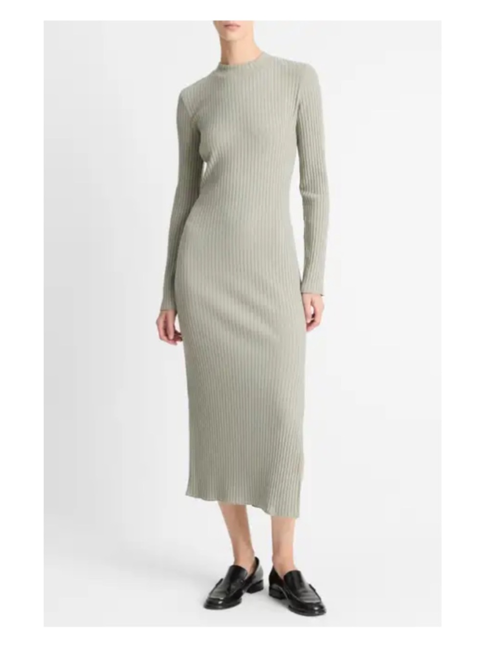 Vince Black Ribbed Long-Sleeve Midi Dress with Side Slit